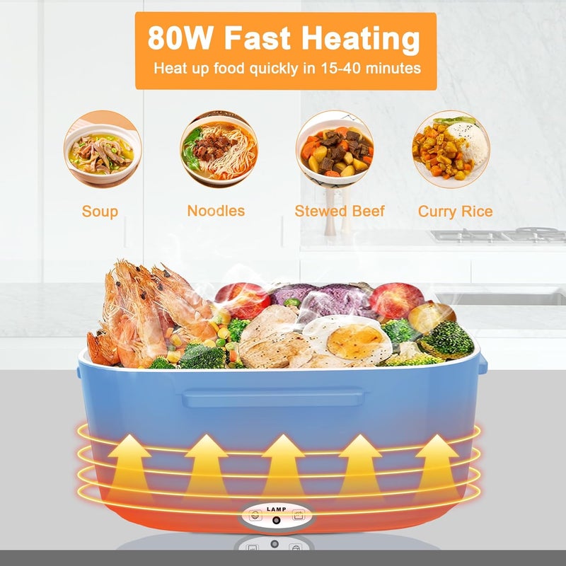 HOLDRUBY Heated Lunch Boxes for Adults, 80W Electric Lunch Box Food Heated 12/24/110V 1.5L Heatable Lunch Box for Car/Truck Leak-Proof Removable Stainless Steel Container, Fork & Spoon, Bag - Image 3